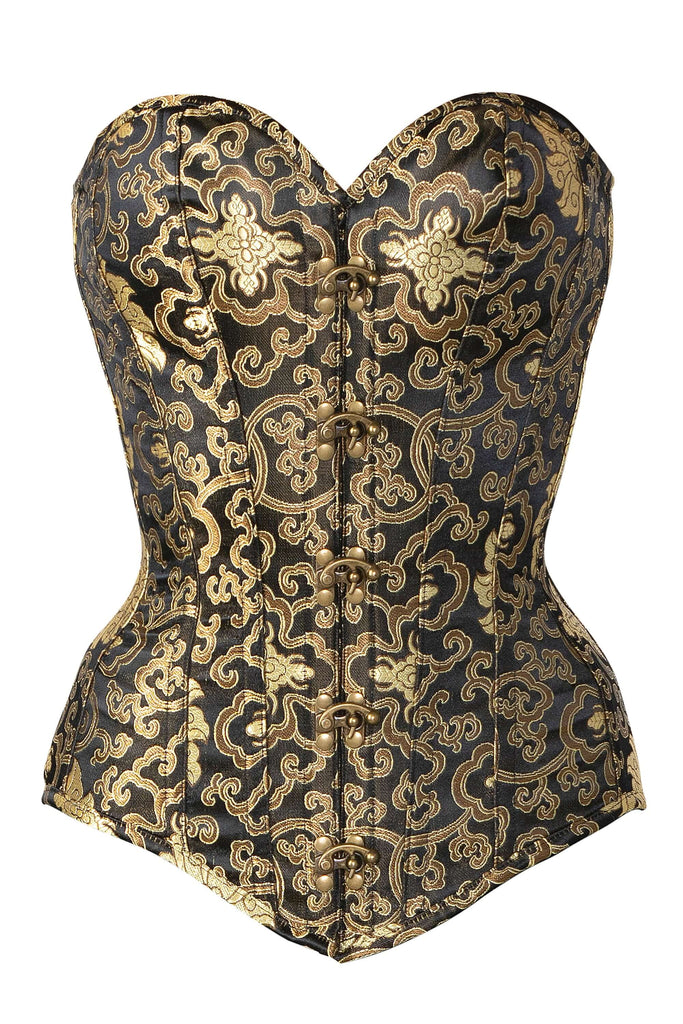 Black With Gold Brocade Pattern Longline Overbust With Hooks