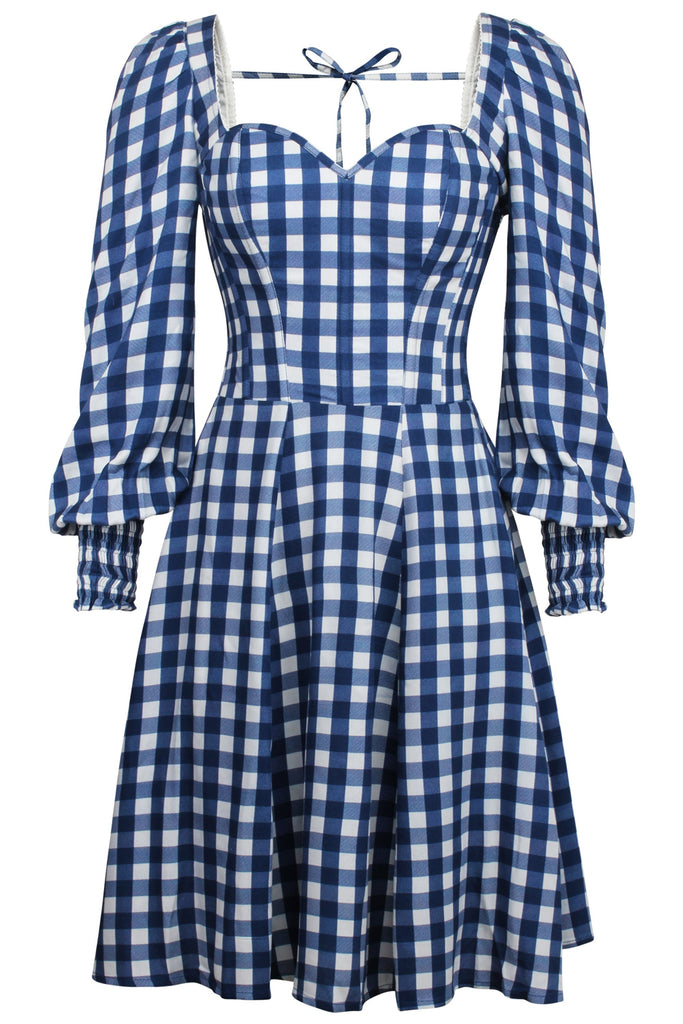 Sunflower Gingham Blue Viscose Corset Dress With Long Sleeves