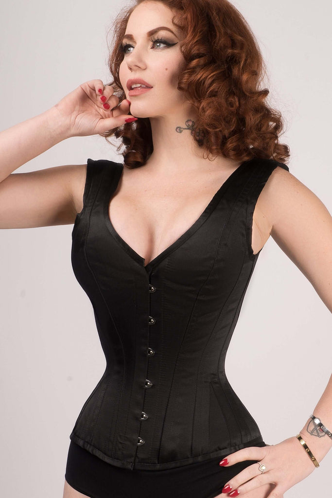 Black Silk Underbust Corset With Suspenders & Ribbonwork by Corsets Guy