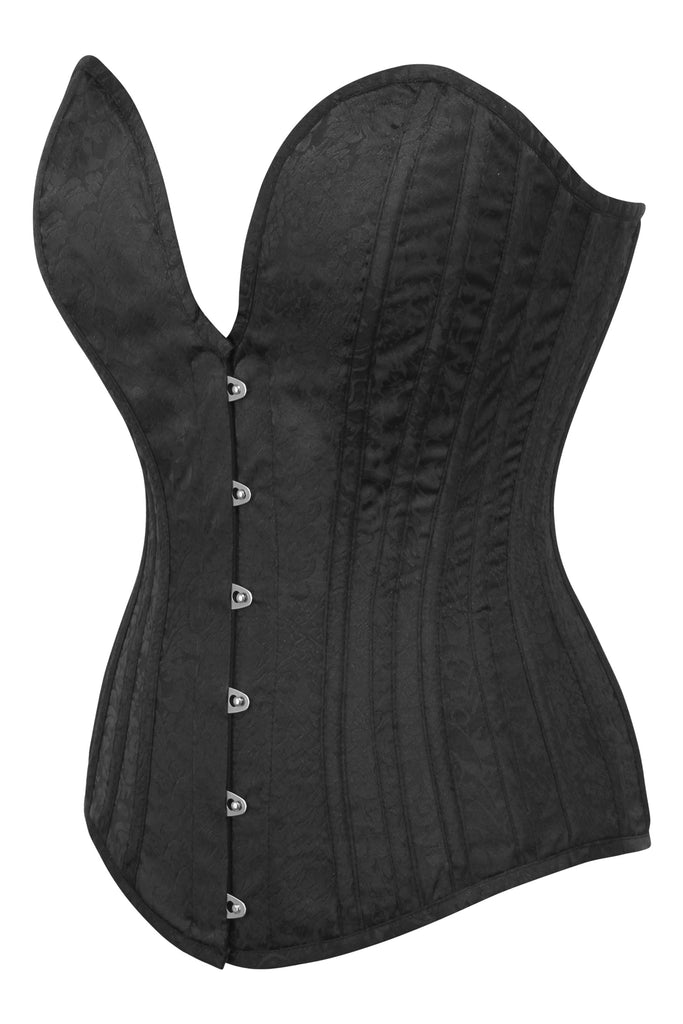 Black Brocade Gothic Burlesque LONGLINE Corset Zipper Opening Top