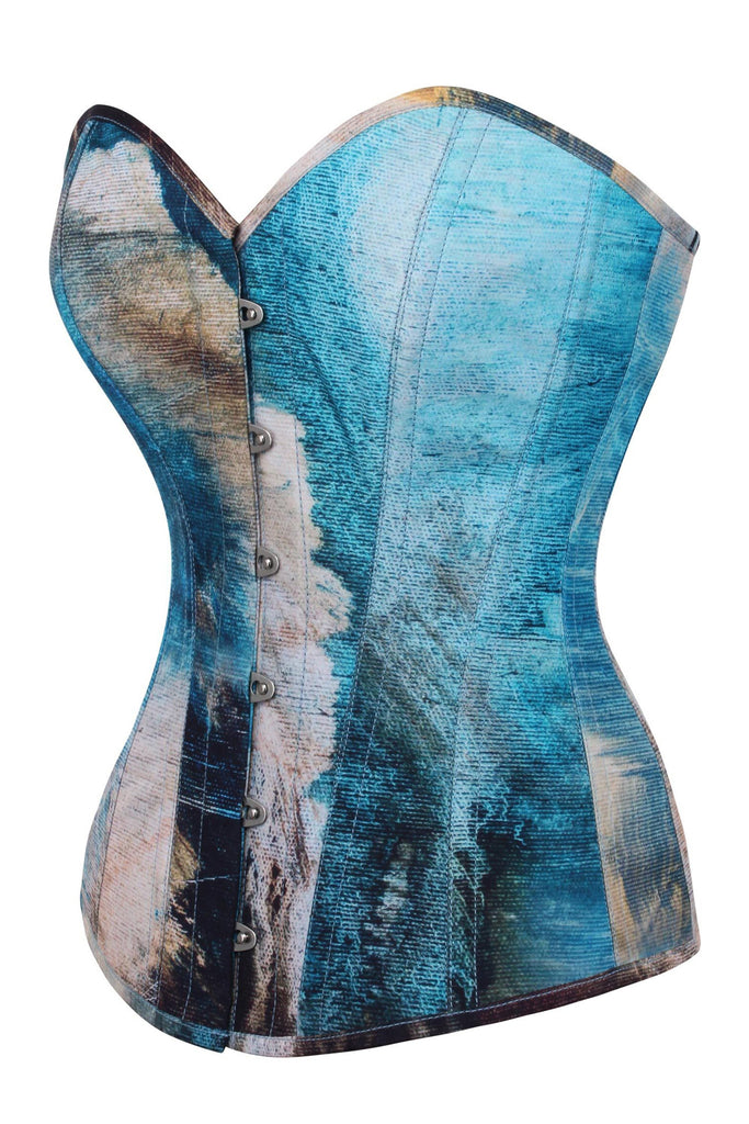 Abstract Brushed Opal Blue and Sand Overbust Corset