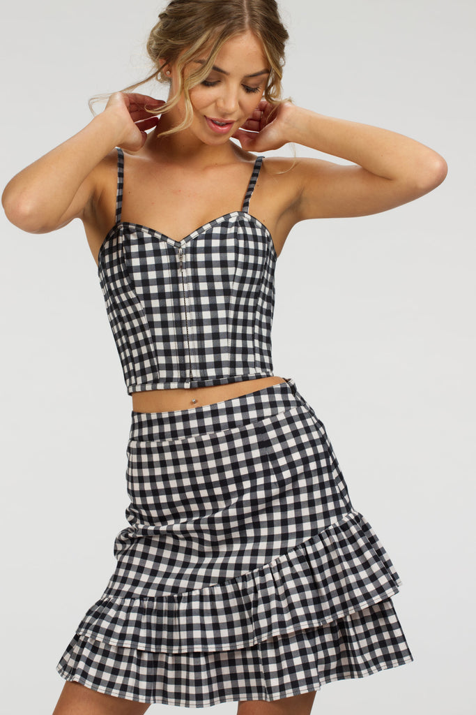 Sammy Black Gingham Cotton Skirt with Asymmetric Frill