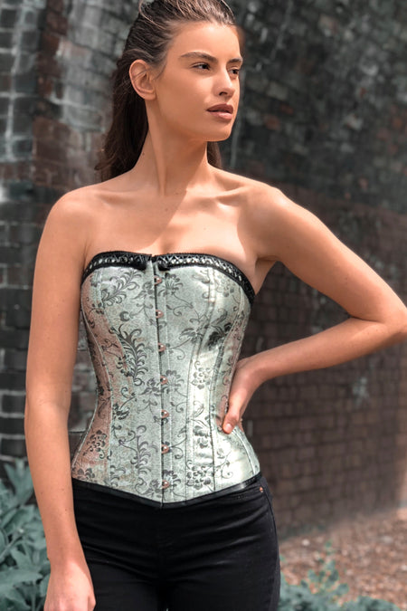 Overbust Underwire Corset Bustier in Olive Grey With Black Lace at  Neckline, Front Hook and Eye and Back Lacing, Plastic and Steel Boning 