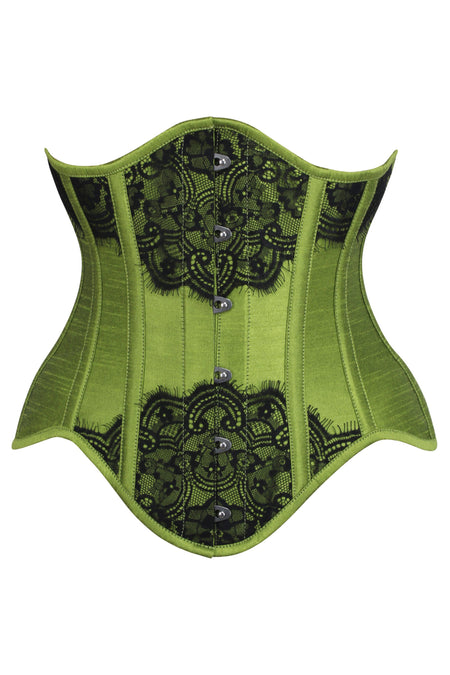 Olive Green Longline Overbust Corset with Black Lace Overlay