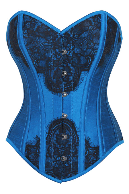 Sapphire Blue Overbust Corset with Black Lace Overlay