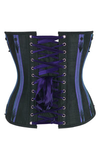 Black Overbust Corset with Purple Boning Channels and Flossing