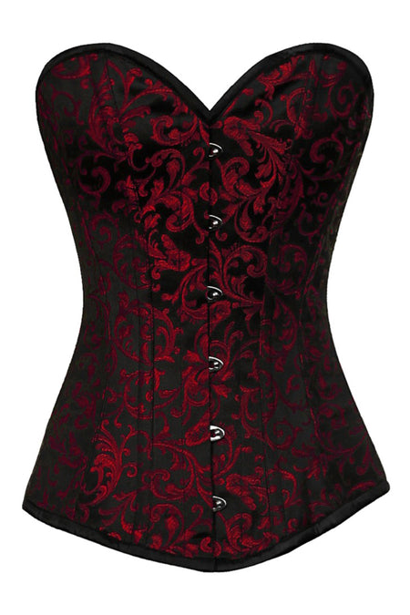 Black and Red Brocade Overbust Corset with Sweetheart Neckline