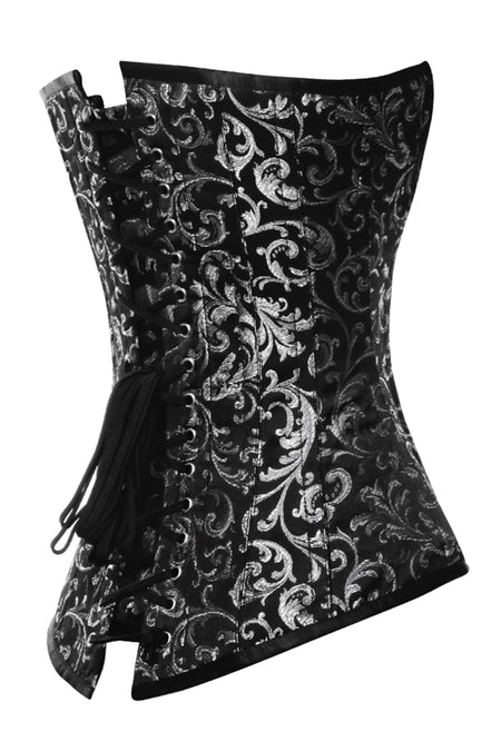 Black and Silver Brocade Overbust Corset with Sweetheart Neckline