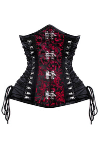 Gothic Red and Black Brocade Steampunk Corset with Buckle Clasps