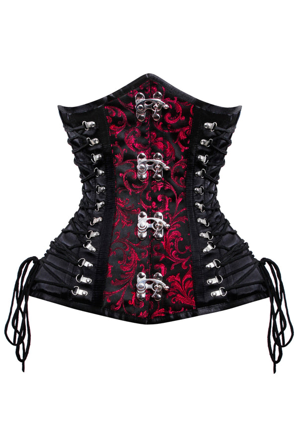 Gothic Red and Black Brocade Steampunk Corset with Buckle Clasps