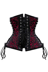 Gothic Red and Black Brocade Steampunk Corset with Buckle Clasps