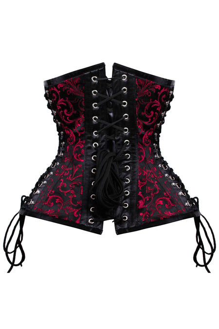 Gothic Red and Black Brocade Steampunk Corset with Buckle Clasps