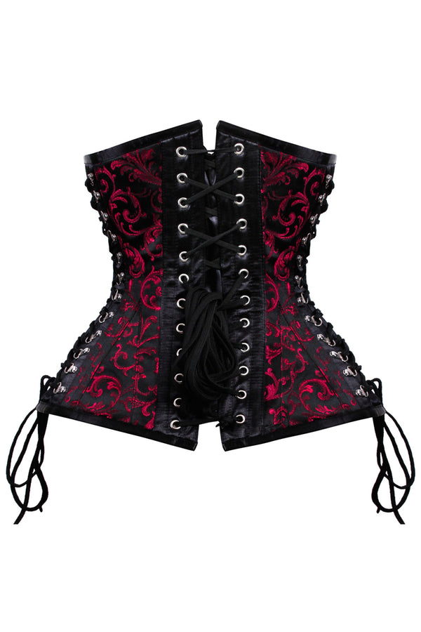 Gothic Red and Black Brocade Steampunk Corset with Buckle Clasps