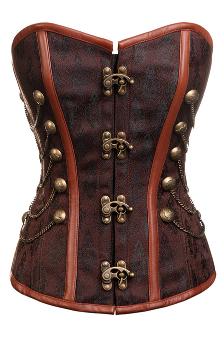 Brown Steampunk Overbust Corset with Chains and Antique Buttons