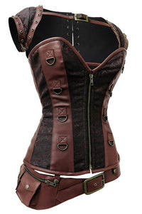 Steampunk Brown Overbust Corset with Front Zip, Shrug and Utility Belt