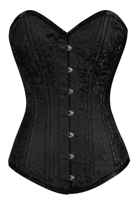Satin Black Brocade Overbust Corset with Front Busk Closure
