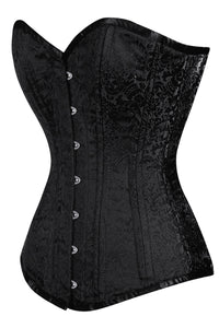 Satin Black Brocade Overbust Corset with Front Busk Closure