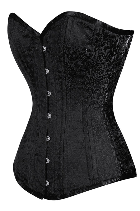 Satin Black Brocade Overbust Corset with Front Busk Closure