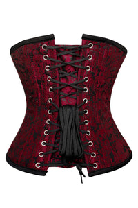 Burgundy and Black Brocade Underbust Corset with Front Busk Closure