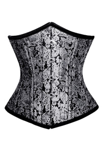 Silver and Black Brocade Underbust Corset with Front Busk Closure