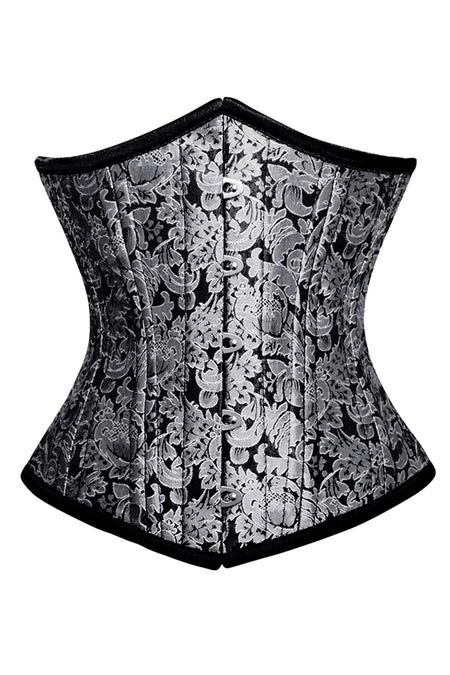 Silver and Black Brocade Underbust Corset with Front Busk Closure