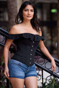 Corset Story CSFT102 Black Cotton Straight Bustline Corset Top With Off The Shoulder Sleeves