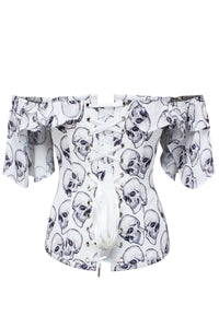 Corset Story CSFT168 White And Grey Skull Gothic Corset Top With Frilled Sleeve
