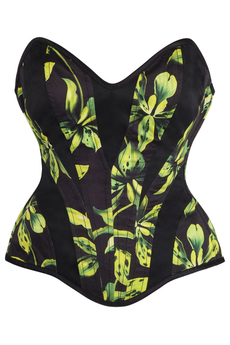 Green and Black Floral Print Overbust Corset with Side Zip