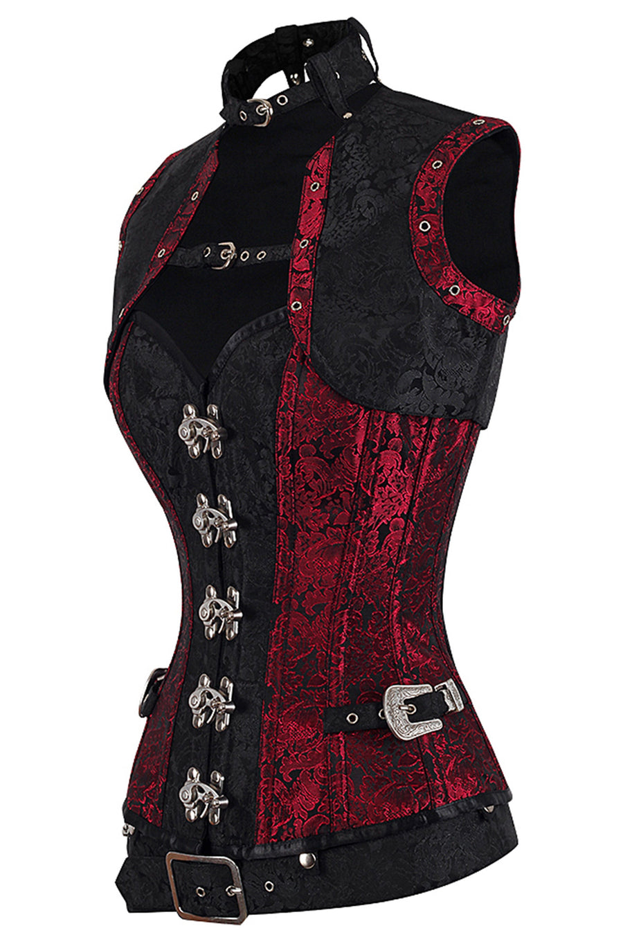 Red and Black Brocade Steampunk Overbust Corset with Swing Hooks and S, image size:900x1350