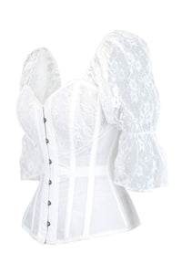 White Mesh Overbust Bridal Corset with Lace Sleeves