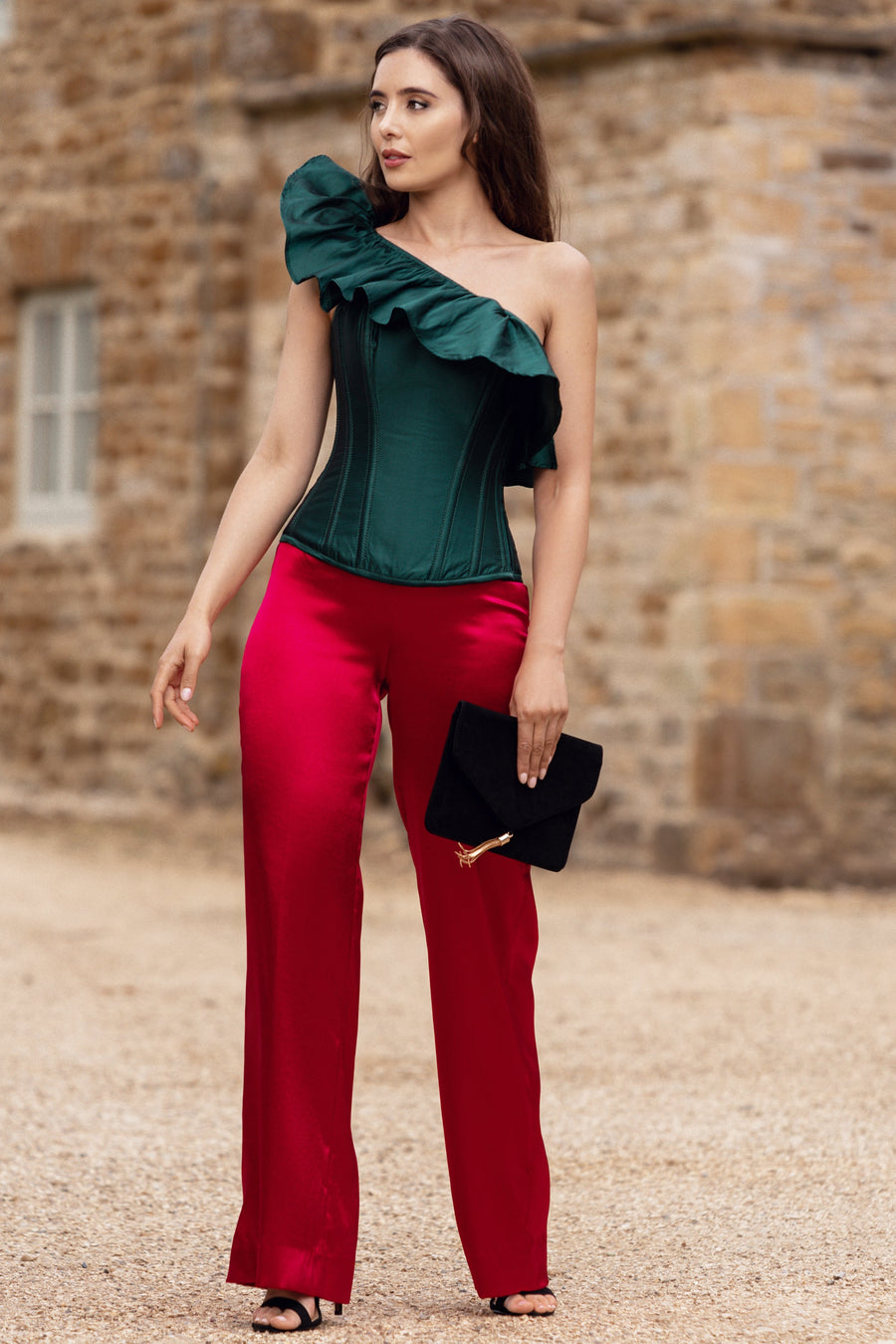 Corset Story Corset Top Off popular the Shoulder One Shoulder Emerald Green Ruffle $225