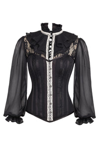 Black and Gold Brocade Corset Style Top With Neckline and Puffed