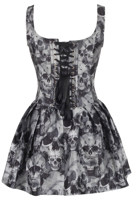 Gothic Skull Print Corset Dress – Zip Front & Lace-Up Back