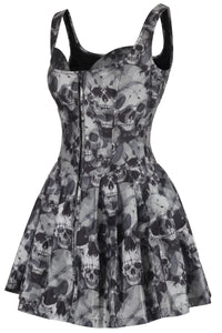 Gothic Skull Print Corset Dress – Zip Front & Lace-Up Back