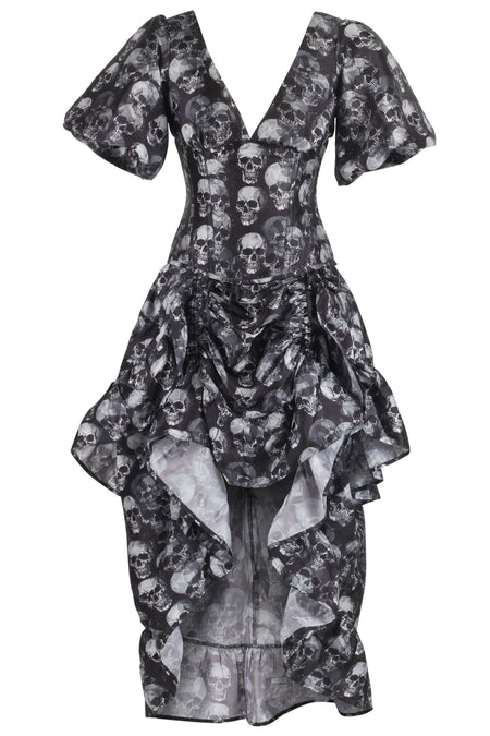 Gothic Skull Print High-Low Corset Dress with Puff Sleeves