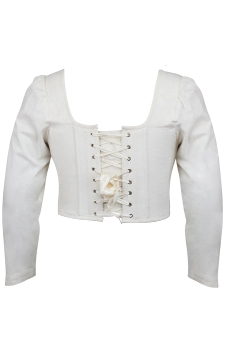 Theodora Whisper White Stretch Cotton Corset Top with Long Sleeves (UK)