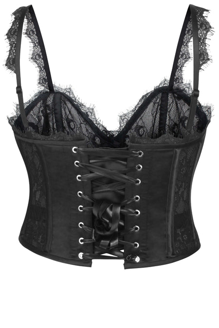 Dorothea Black Satin and Lace Cropped Overbust Corset with Spaghetti Straps (UK)