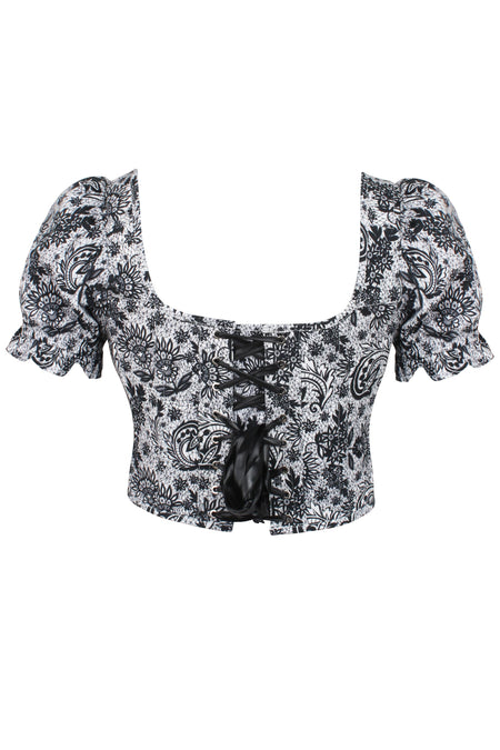 Zadie Whisper White Alençon Stretch Cotton Corset Top with Puff Sleeves (UK)