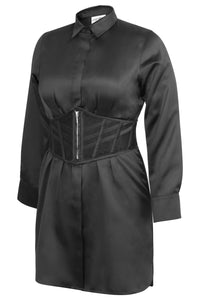 MATILDA BEACON BLACK VISCOSE SHIRT DRESS WITH DARTED WAIST (UK)