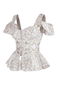 White Floral Peplum Corset with Ruffle Shoulder Straps