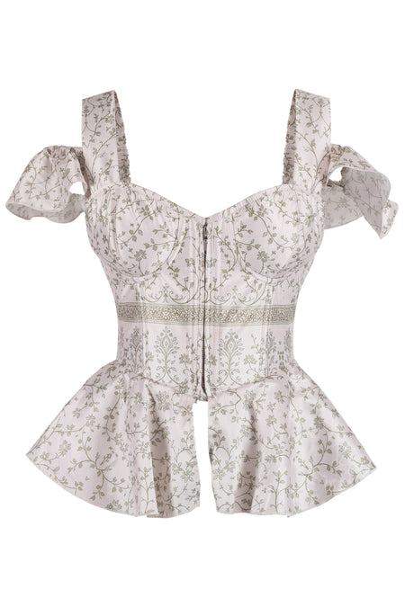 Pale Blush Botanical Peplum Corset with Ruffled Shoulder Straps