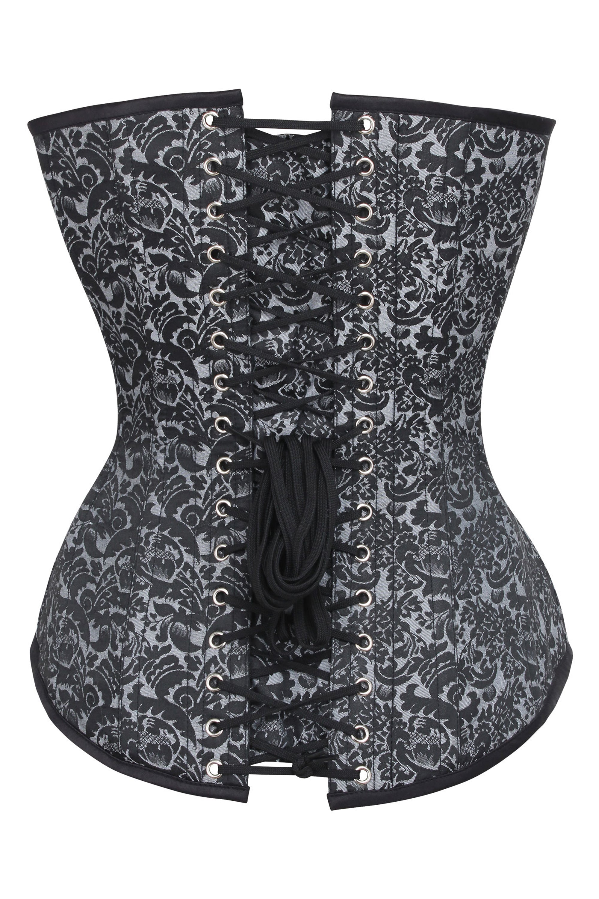 Long Silver Brocade Pattern Corset With Hip Gores