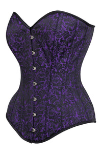 Long Purple Brocade Pattern Corset With Hip Gores
