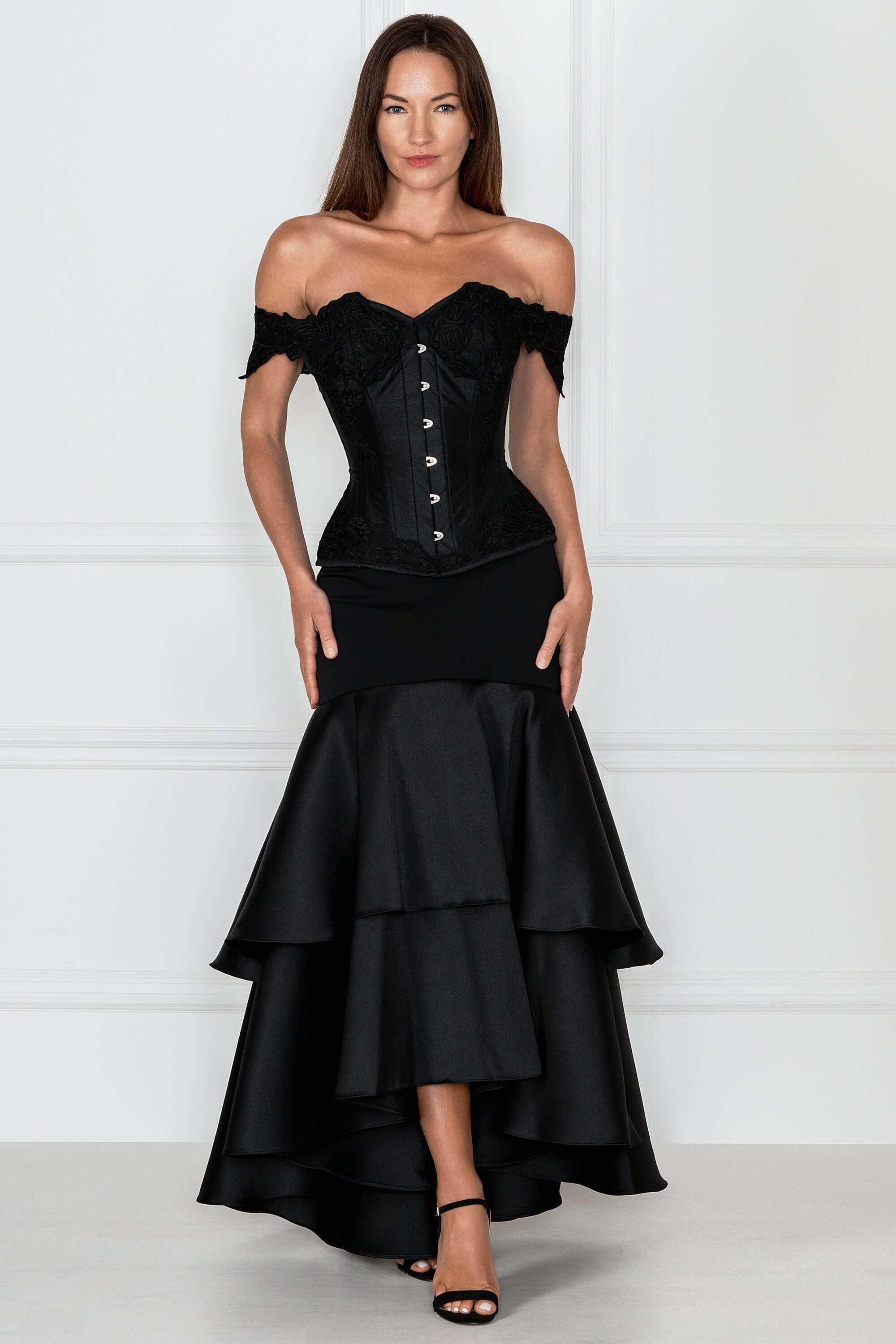 Black Longline Corset Top with Lace Cap Sleeve - Main Image