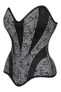 Silver and Black Brocade Overbust Corset with Side Zip (UK)