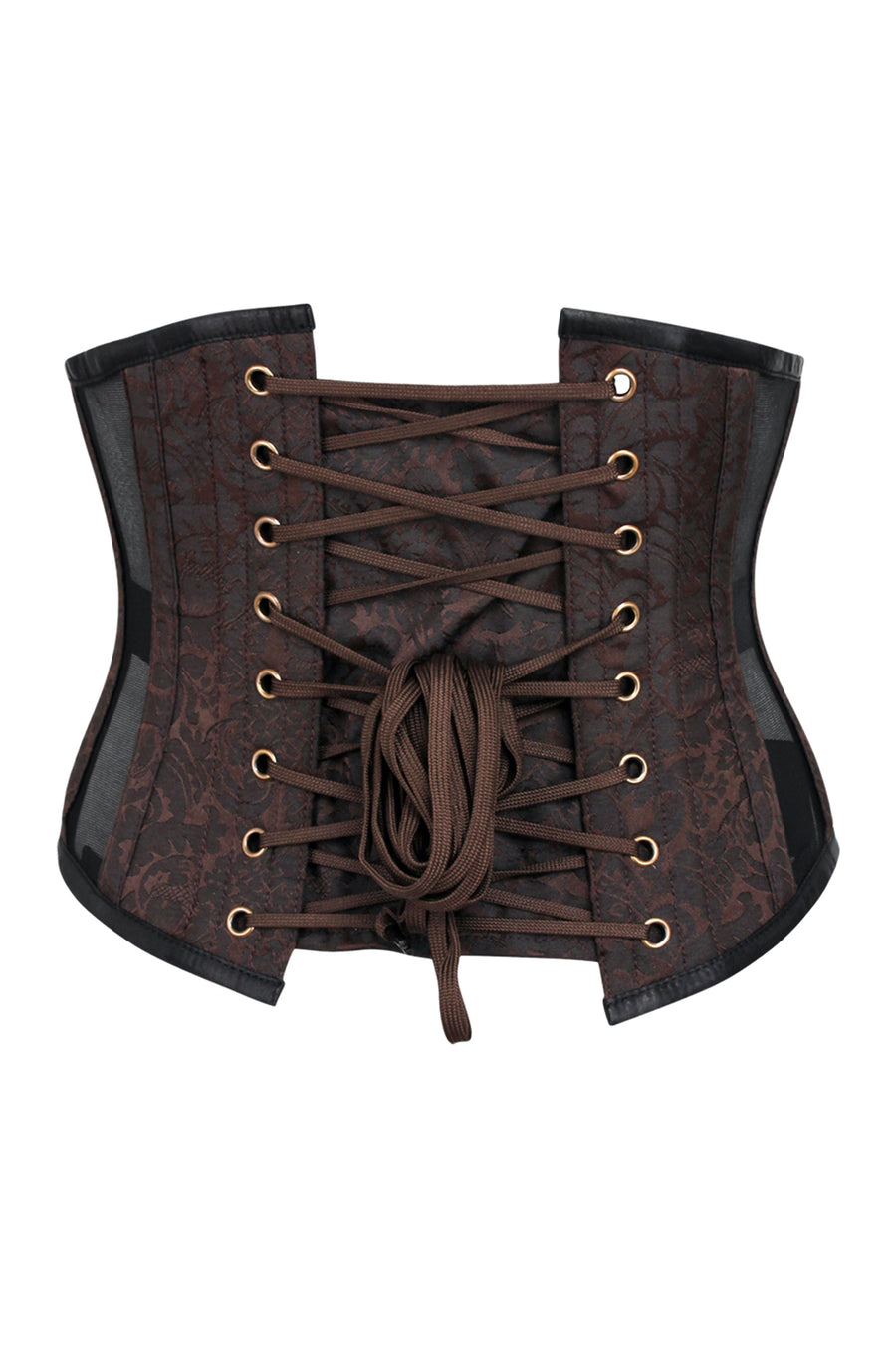 Brown Brocade Underbust Corset with Mesh Panels - Main Image