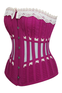 Historically Inspired Pink Longline Corset with Lace and Ribbing (UK)