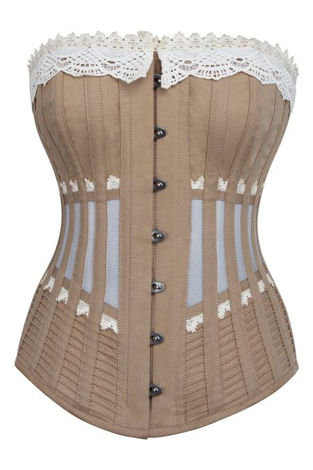 Gemini underbust steampunk corset in brass taffeta with front zip and straps