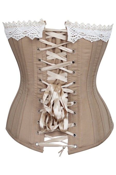 Historically Inspired Beige Longline Corset with Lace and Ribbing (UK)