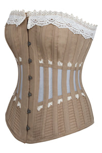 Historically Inspired Beige Longline Corset with Lace and Ribbing (UK)